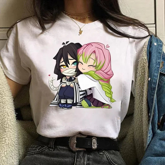 Funny Kanroji Mitsuri Iguro Obanai Cartoon Print T-Shirt Couple Casual Loose Short Sleeve Round Neck Harajuku Tops Clothing