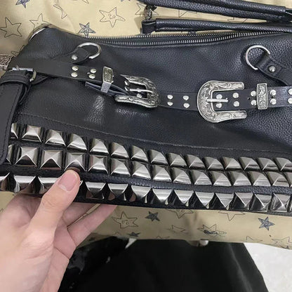 Spice Girl Carved Leather Buckle Bag Large Capacity PU Fashion Rivet Cool Handbags Oblique Straddle Portable Punk Tote Bags