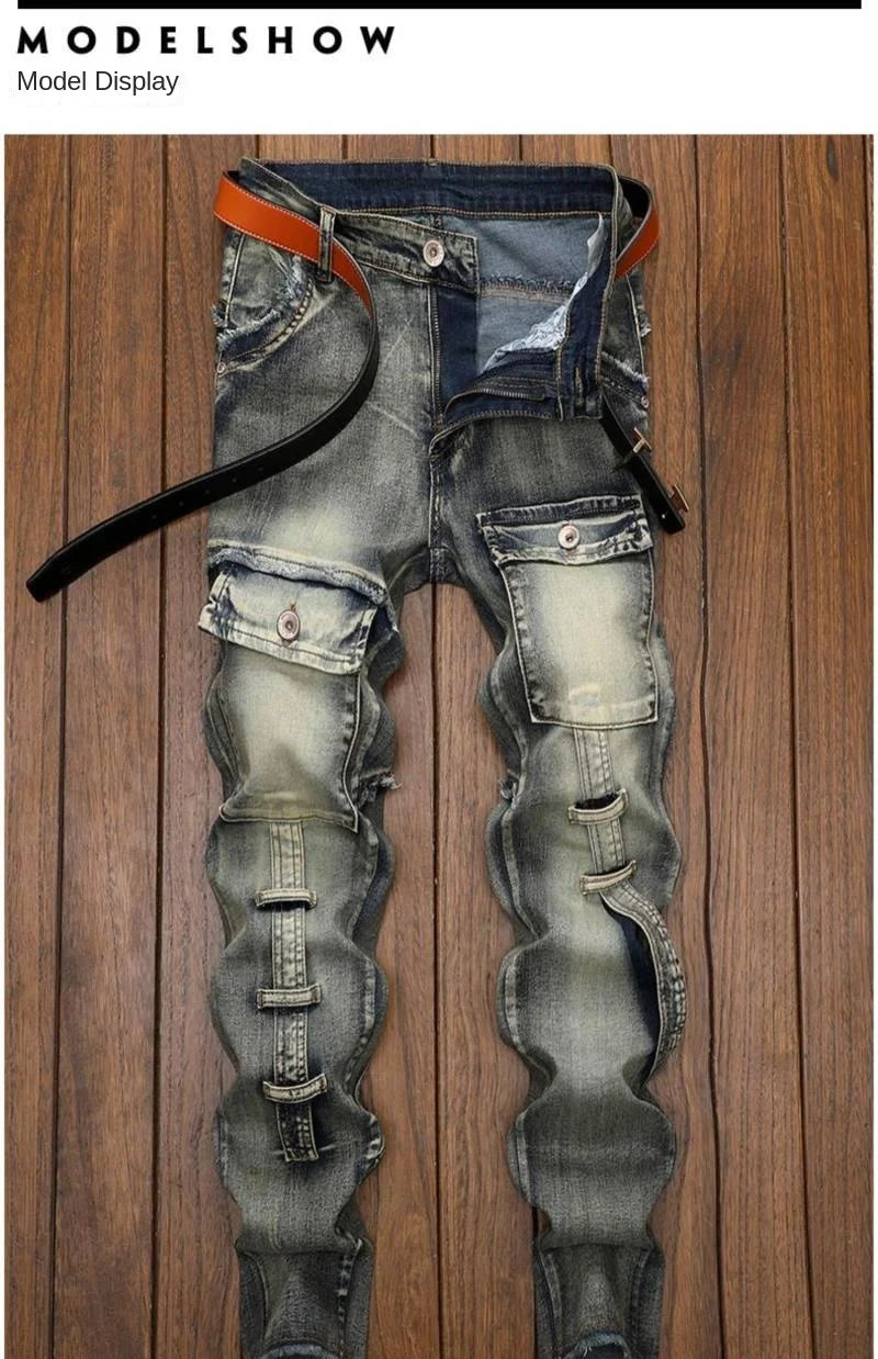 High Quality Fashion Luxury Retro Men's Denim Jeans Korean Style Vintage Casual Punk Motorcycle Designer Riding Cargo Jeans