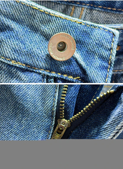 New Men's Ripped Jeans Personality Fashion Tapered Hole Frayed Denim Trousers Streetwear Casual Vintage Blue Pants Male Clothes