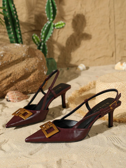2026 New Women's Sandals Fashion Buckle Design Summer Elegant Pointed-Toe High Heels Outdoor Banquet Open-Back Heels