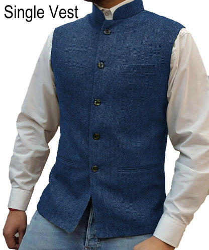 Suit Vest Men Vintage Slim Solid Stand Collar Vest Tops Male Business Casual Sleeveless Jackets Man Wedding Waistcoat