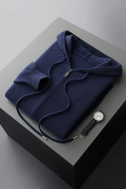 2025 New Men Knitted Plane Hooded Cardigan Cashmere Sweater Zipper Design Pocket Decoration High quality Thick Warmth Hoodie