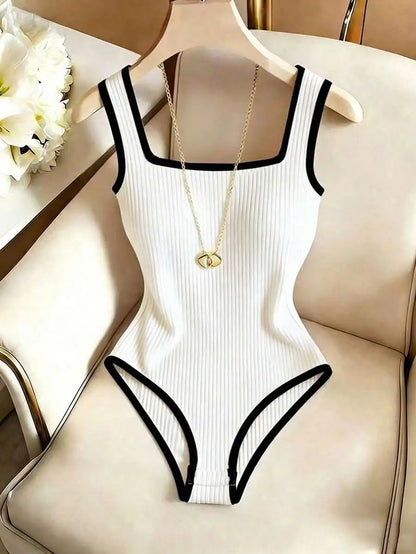 3pcs Women's Ribbed Bodysuit Set Fashionable Black Piped Square Neck Waist-Cinching Style Summer Nightlife Wear Elegant Beach Ou