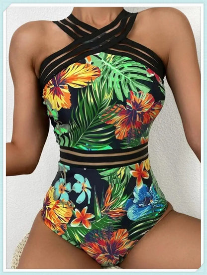 Solid Mesh Tape Swimsuit 2026 One Piece Sexy High Neck Swimwear Women Cross Front Bathing Suit Female Padded Beachwear Bodysuit