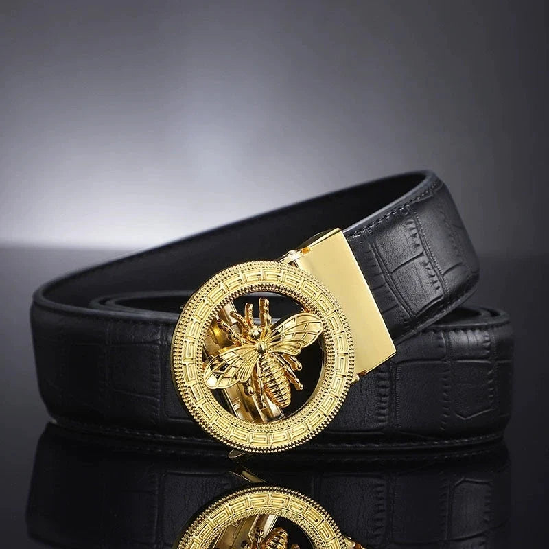 High-End Men's Casual Leather Belt; Small Bee Automatic Buckle Belt; Business Versatile Bamboo Texture Belt.