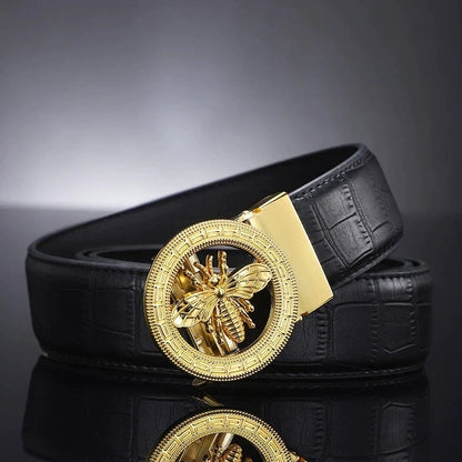 High-End Men's Casual Leather Belt; Small Bee Automatic Buckle Belt; Business Versatile Bamboo Texture Belt.