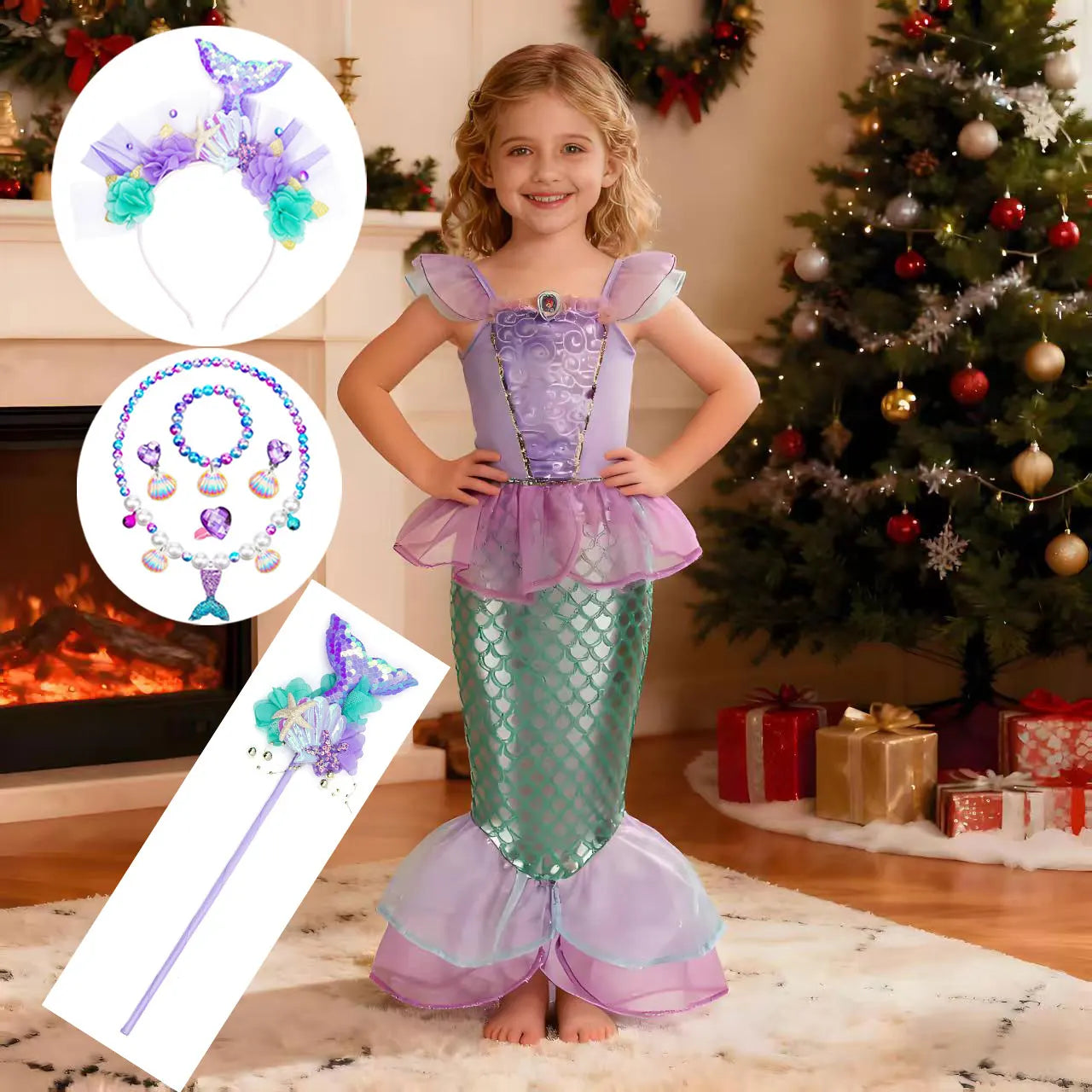 Kid Purple Mermaid Dress Princess Costume Perform Clothes Baby Girl Birthday Party Christmas Cosplay Dress Suit for Girls