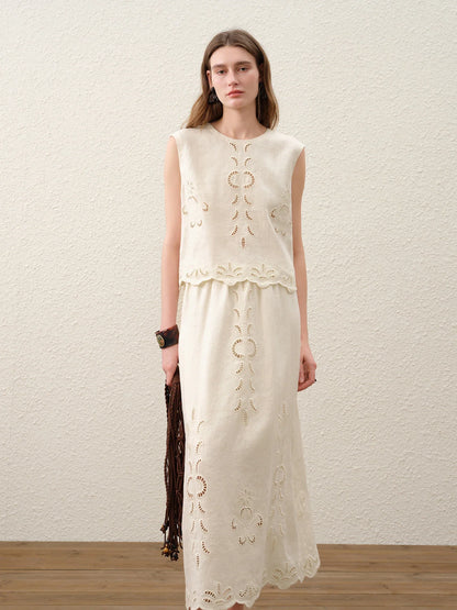 Summer Women Linen Two Piece Set Cut-Out Embroidered Sleeveless Top Midi Skirt Boho Beach Vacation Style