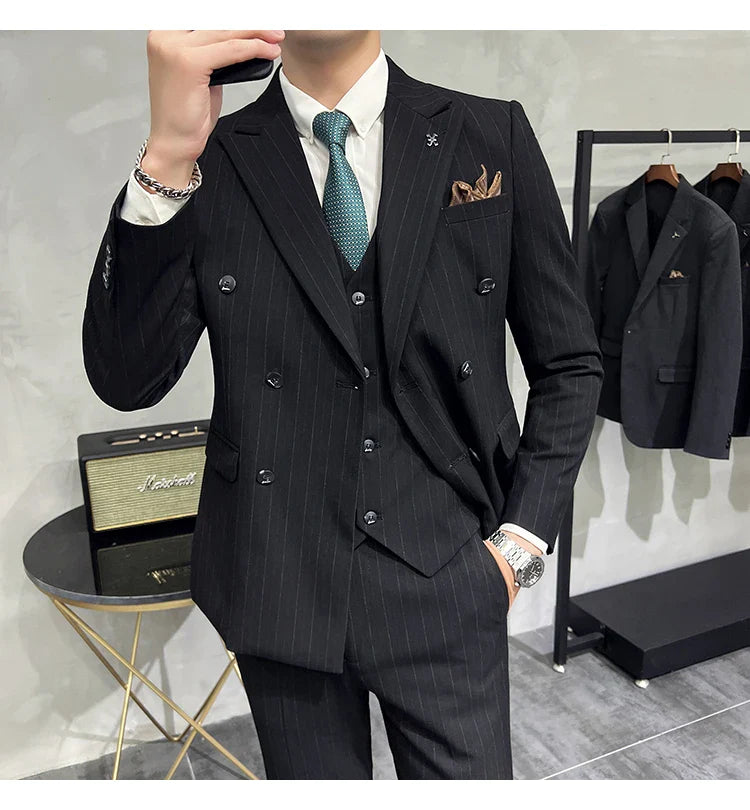 2025 High-quality Korean Version Slim-fit Business (Suit + Vest + Trousers) Striped Double-breasted Suit Three-piece Set