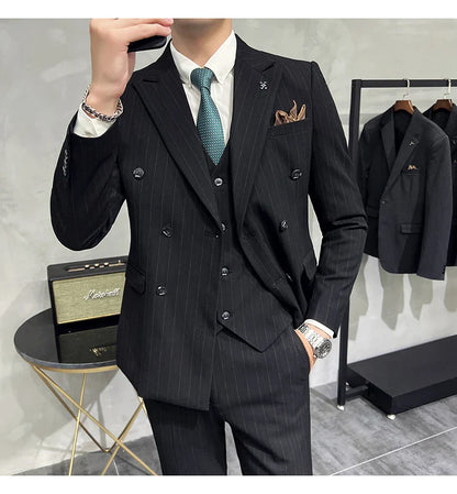 2025 High-quality Korean Version Slim-fit Business (Suit + Vest + Trousers) Striped Double-breasted Suit Three-piece Set