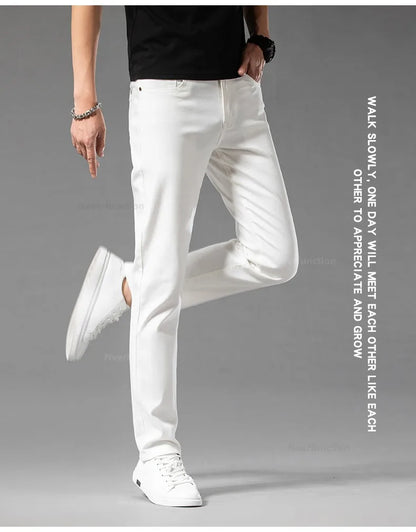 Luxury Men's White Slim Jeans Spring Summer New 98% Cotton Stretch Fashion Casual Male Clothes Straight Denim Trousers