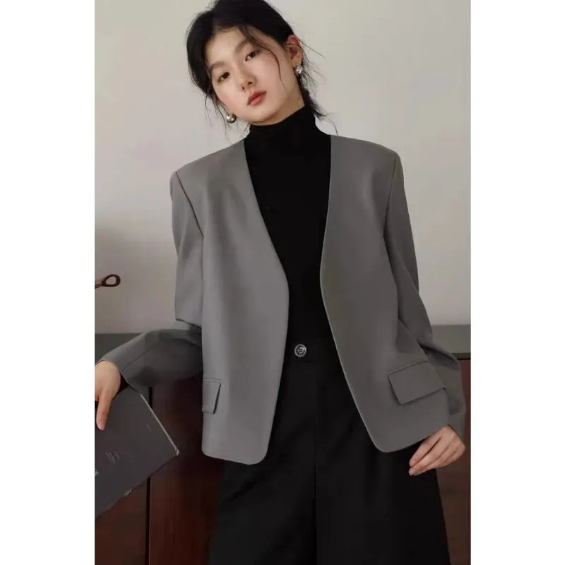 Womens Gray Collarless Blazer Cropped Open Front Suit Jacket Casual Office Outerwear