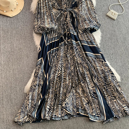 Ele Printed round Ne Lantern Sve Dr Women's Single Button Waist Cinch Maxi Skirt Long Dr Commute Sle Autumn