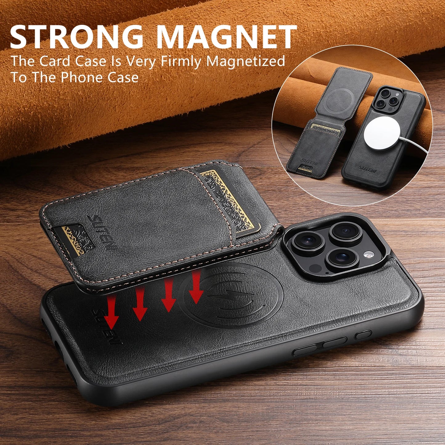 Wireless Charging Magnet PU Leather Phone Case Card Holder Stand For iPhone 17 Pro Max 16 Plus 15 Pro 13 12