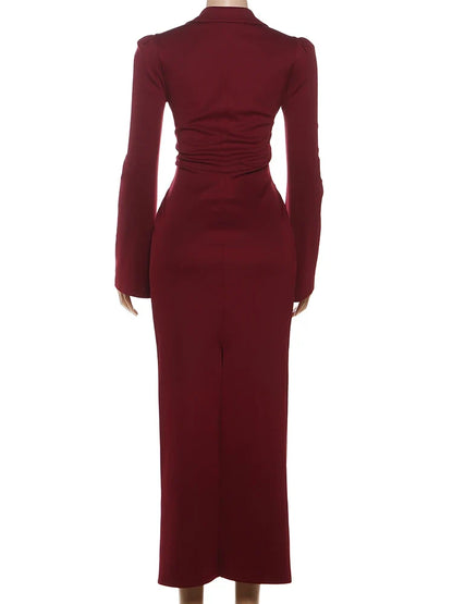Sexy Maxi Dress Women Shoulder Padded Zip Wrapped Bandage Long Sleeve Slit Elegant Solid Office Simple Skinny Bodycon
