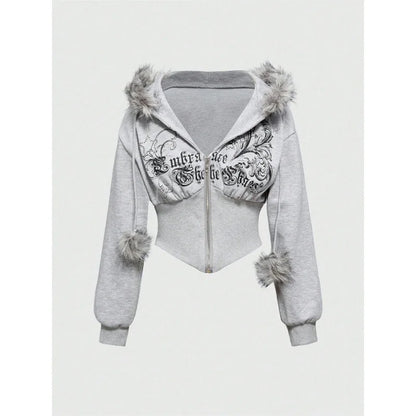 Winter Warm Gothic Print Hoodie Women's Clothin Faux Fur Crop Top Zip-Up Sweatshirt Fashion Y2K Streetwear Hooded Jacket 2026New