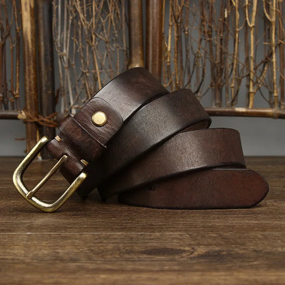 3.3CM Genuine Leather Belt Men Luxury Strap Male Fashion Pure Cowhide Copper Buckle Wild Classic Retro Pin Buckle High Quality