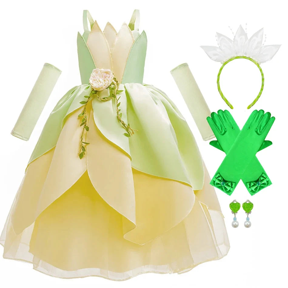 Tiana Fancy Girls Princess Costume Kid Carnival Dress Cosplay Floral LED Light Up Clothing Halloween Girls Christmas Party 2-11T