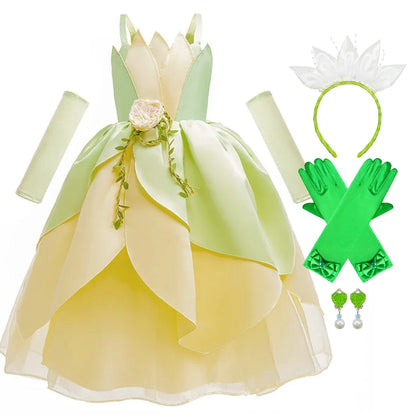 Tiana Fancy Girls Princess Costume Kid Carnival Dress Cosplay Floral LED Light Up Clothing Halloween Girls Christmas Party 2-11T
