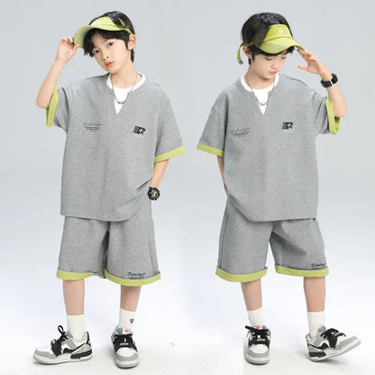 Sporty Korean Children's Clothes 2025 Boys Sets Tracksuit for Boy Top Shirts Tops Home Clothing 10 14 Years Kids Summer Set Suit