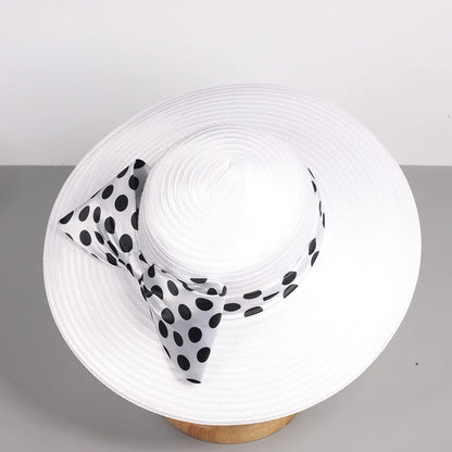 Elegant Women Wide Brim Rose Black Patchwork Polka Dots Kentucky Hat For Wedding Party Hat Big Bowknot Fedora Beach Cap