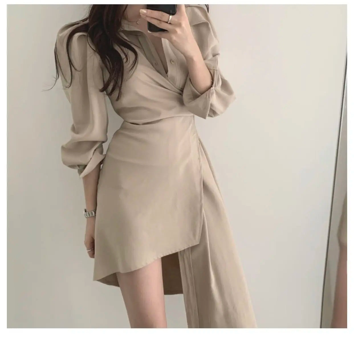 Early Autumn Shirt Dress Women's Mid-Length Asymmetrical Single-Button Notch Collar Slimming Style Commute Fashion