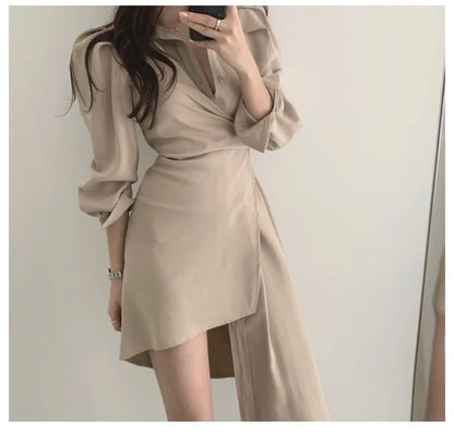 Early Autumn Shirt Dress Women's Mid-Length Asymmetrical Single-Button Notch Collar Slimming Style Commute Fashion