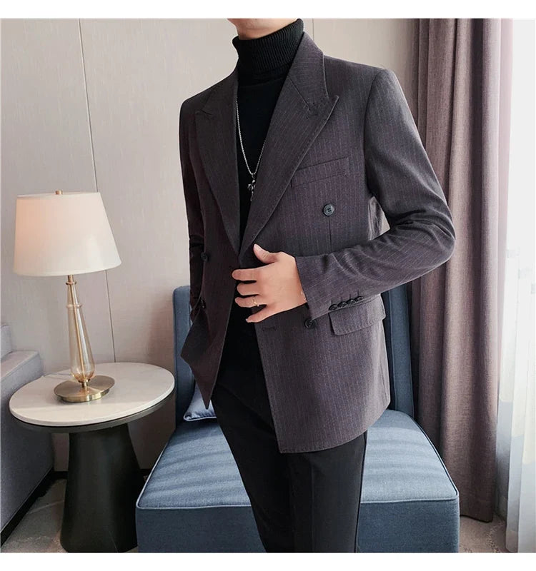 Classic Luxury Striped Men Suit Jacket Fashion Double Breasted Business Office Wedding Tuxedos Male High Quality Slim Fit Blazer