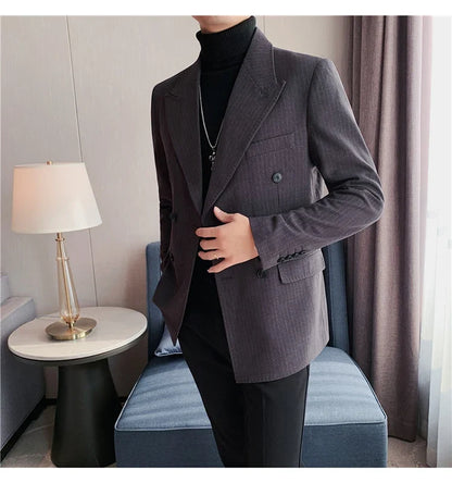 Classic Luxury Striped Men Suit Jacket Fashion Double Breasted Business Office Wedding Tuxedos Male High Quality Slim Fit Blazer