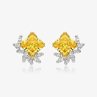 10x10mm 11 Carats Square Yellow 5A Zircon Flower Stud earrings for women S925 Sterling Silver Wedding party Bride jewelry
