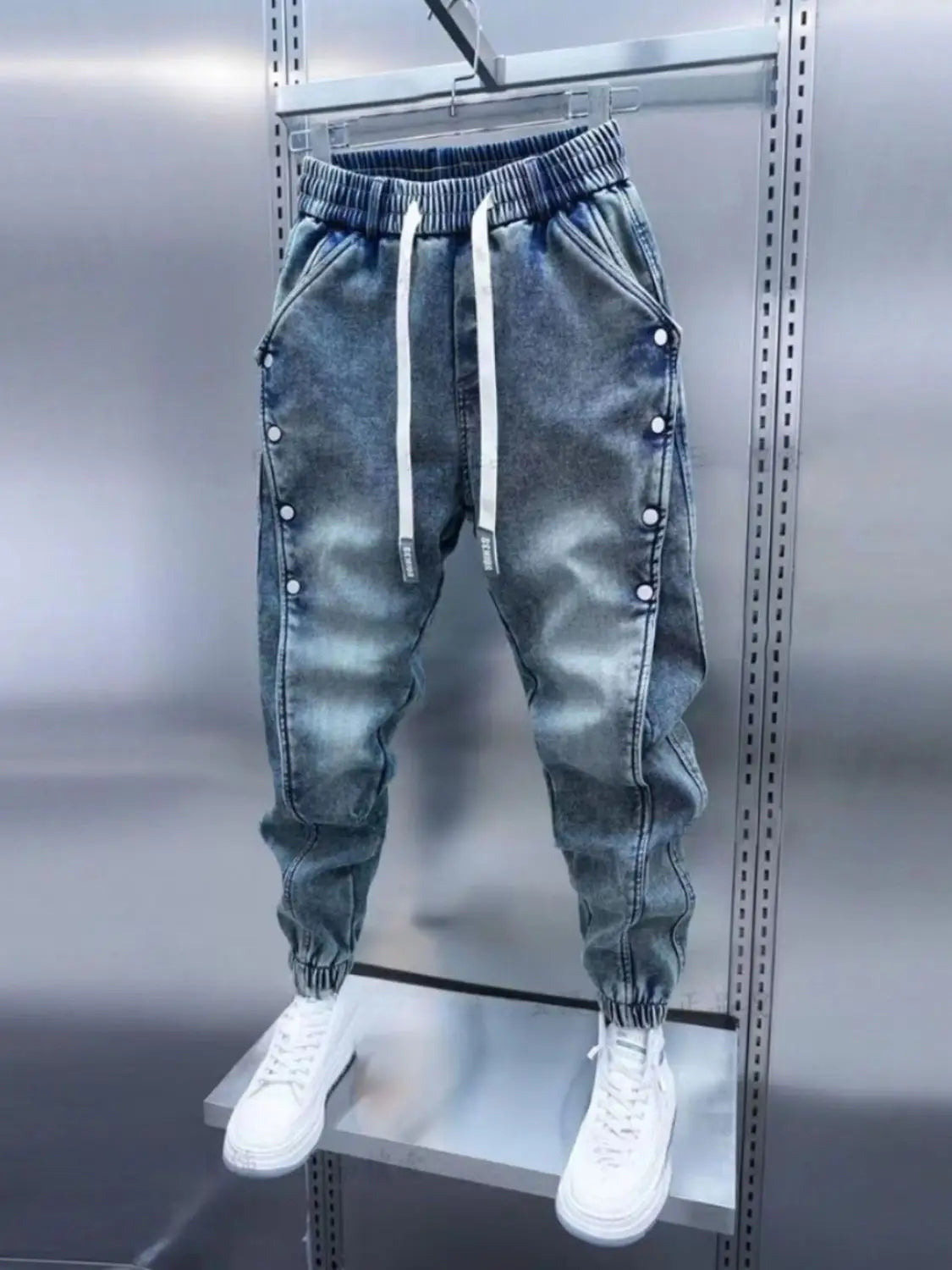 Drawstring Menswear Clothing Handsome Spring New Men's Jeans Korean Elastic Waist Buttons Decorative Fashion Harlan Pants Men