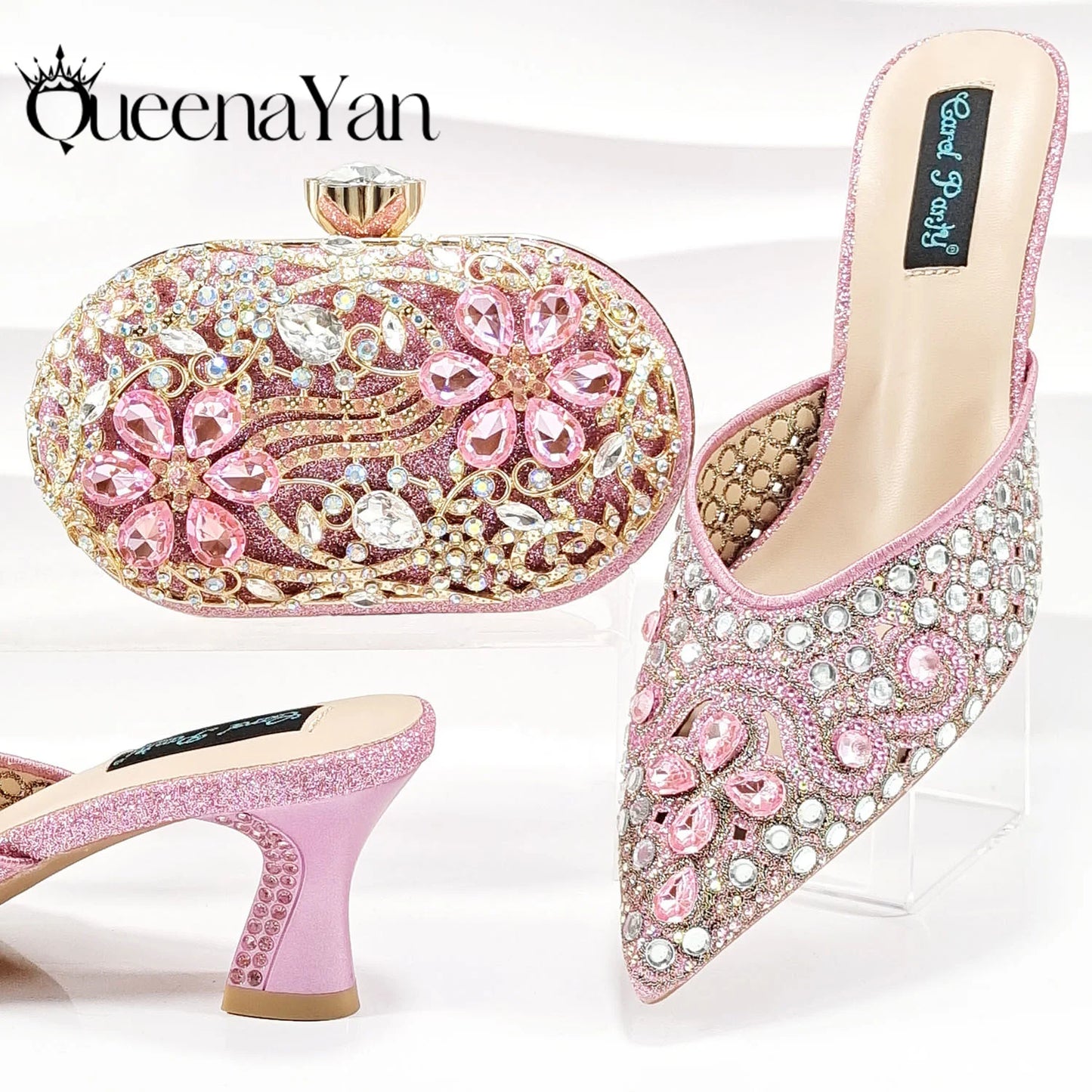 Luxury Pink Rhinestone Party Shoes and Clutch for Women- Elegant Crystal Heels with Matching Evening Bag