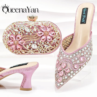 Luxury Pink Rhinestone Party Shoes and Clutch for Women- Elegant Crystal Heels with Matching Evening Bag