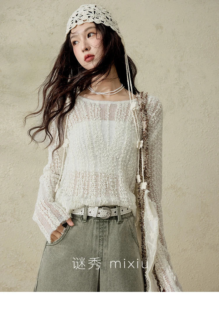 Women 's Apricot White Hollow Knitted Sweater Spring 2025 Mohair Cover Drop Sleeve Top Strapless Slim Tube Top MXE12Z1120