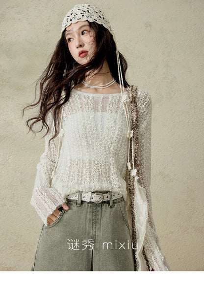 Women 's Apricot White Hollow Knitted Sweater Spring 2025 Mohair Cover Drop Sleeve Top Strapless Slim Tube Top MXE12Z1120