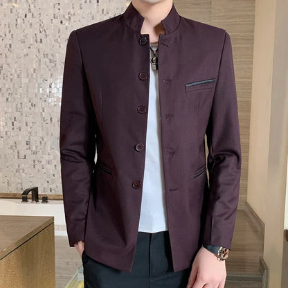 Men's Black Stand Up Collar Blazer Coat, Wedding Party Dress Jacket, Asia Sizes Slim-Fit Single Breasted Jaqueta, Blue Red Tops.