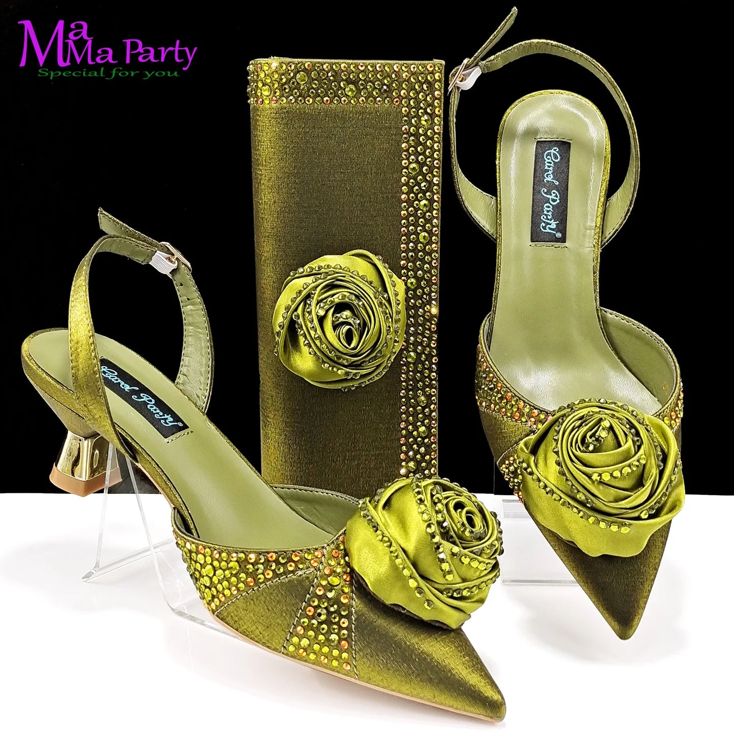 2024 Rose Design 2024 INS Hot Sale New Arrivals African Shoes and Bag Set in Olive Color Pointed Toe Comfortable Heels for Party