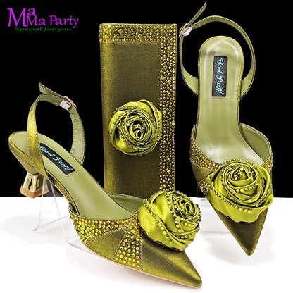 2024 Rose Design 2024 INS Hot Sale New Arrivals African Shoes and Bag Set in Olive Color Pointed Toe Comfortable Heels for Party