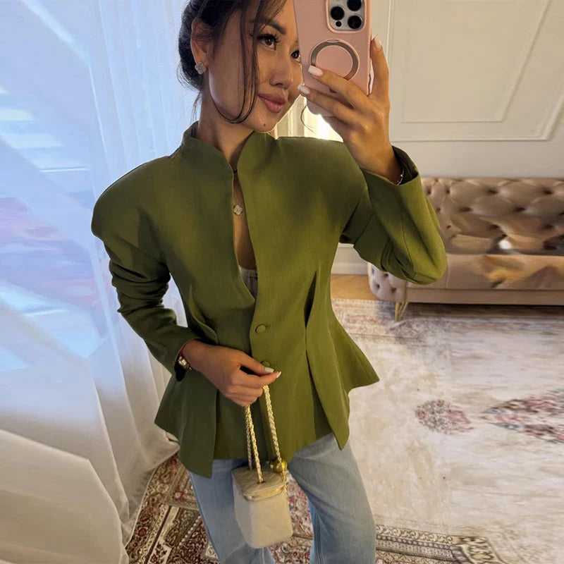 Chic Pleated Waist Cinched Women's Jacket V Neck Single Breasted Lace Up Blazer Coat Lady 2026 Casual Slim Commute Outerwear