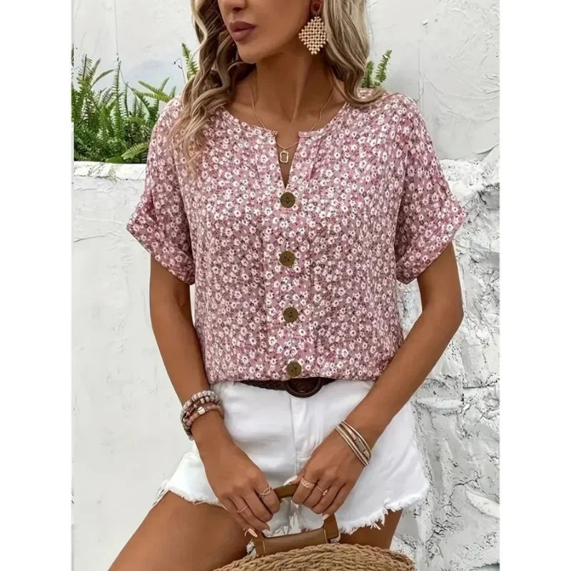 Plus Size Women's Shirts 2025 Spring Summer New Fashion Casual Floral Printing V-Neck Short Sleeve Blouses Korean Style Clothing