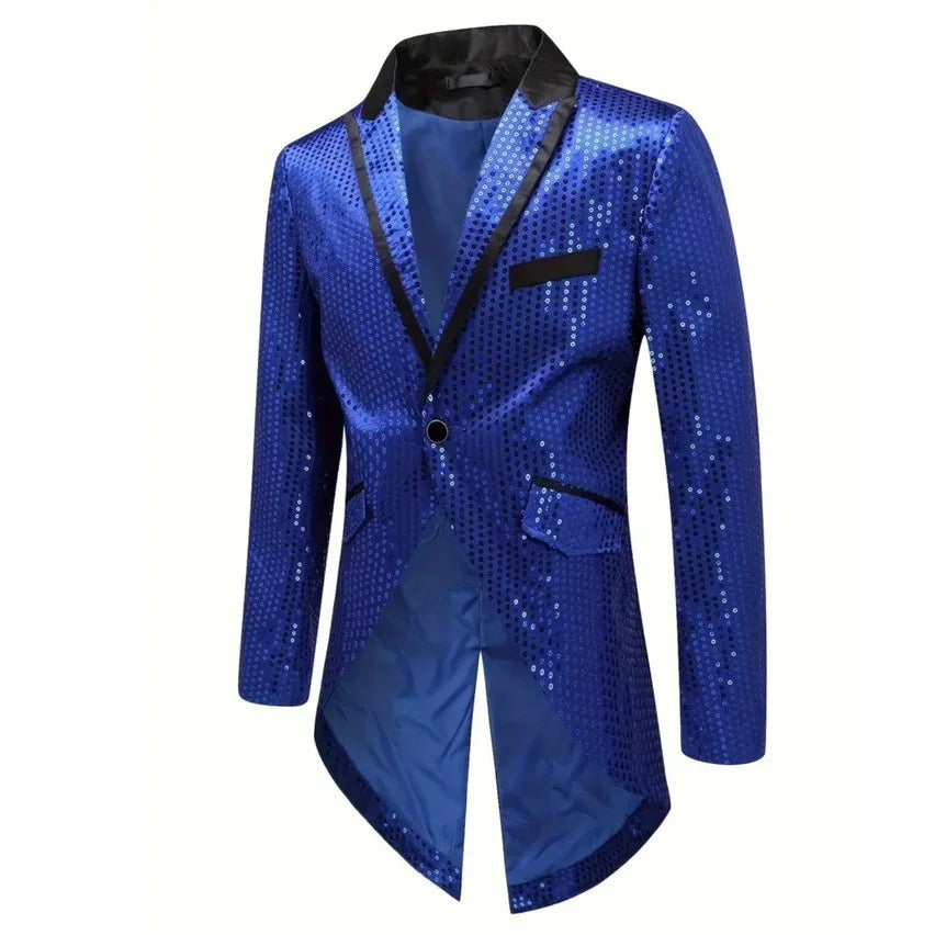 2026 Men's Gold V-Neck Long Sleeve Tuxedo, TV Performance Magic Long Jacket Shiny Sequin Decoration Red Blue Black Blazer S-XXL