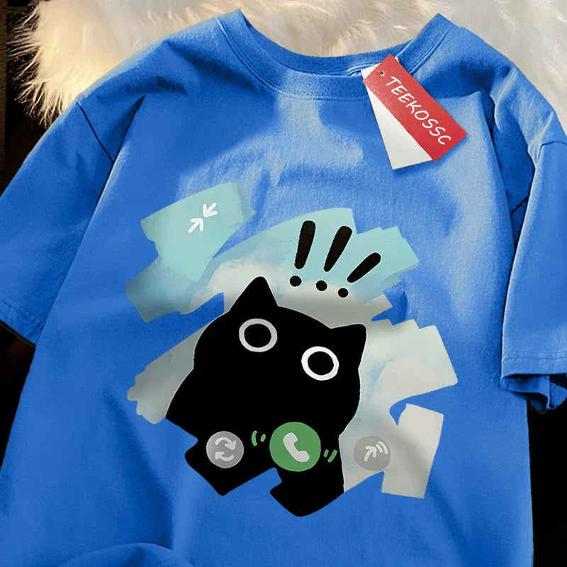 Voice Call Black Cat Japanese Style T Shirt Men Women Fashion Tshirts Summer Cotton Tops Cotton Loose Street Hip Hop T-Shirts