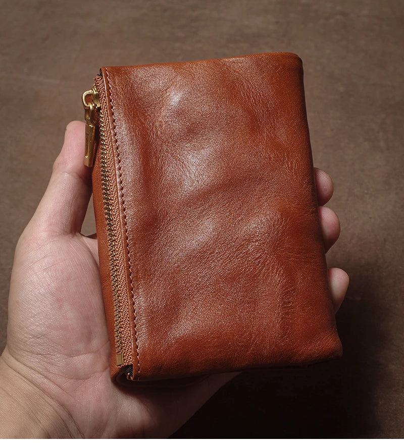 Vintage Genuine Leather Trifold Wallet for Men Women Zipper Coin Purse Driver License ID Credit Card Luxury Cowhide Wallet