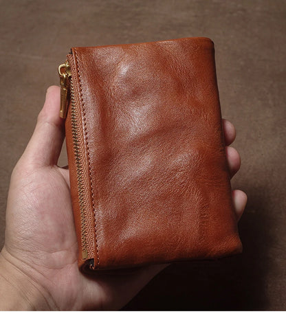 Vintage Genuine Leather Trifold Wallet for Men Women Zipper Coin Purse Driver License ID Credit Card Luxury Cowhide Wallet