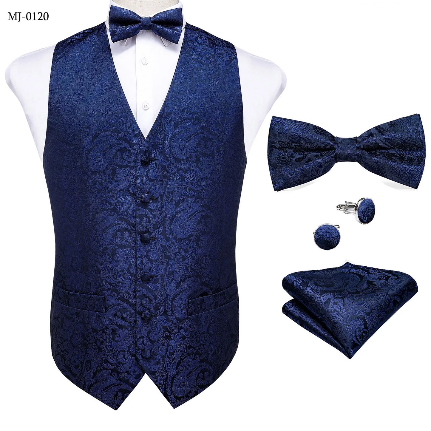 Retro Paisley Floral Full Set with Bowtie Pocket Square and Cufflinks Banquet Essential