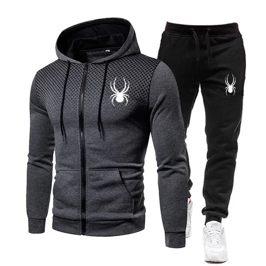 2025 Spring Winter spider print zipper long-sleeved hoodie + stretch waist pants two-piece men's sports jogging fitness suit