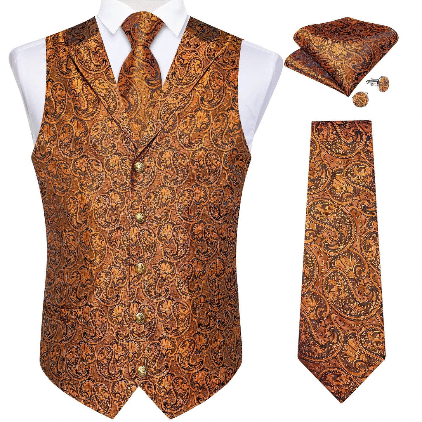 Men's Vest Tie Set Paisley Tuxedo Suit Waistcoat and Necktie Hankerchief Cufflinks for Wedding Party Groom Clothing
