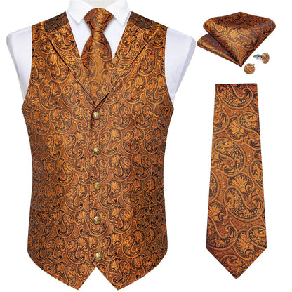 Men's Vest Tie Set Paisley Tuxedo Suit Waistcoat and Necktie Hankerchief Cufflinks for Wedding Party Groom Clothing