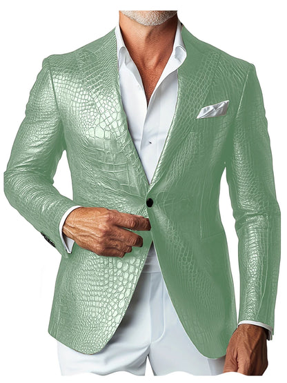 Luxury Men's Crocodile Embossed Leather Blazer Notch Lapel Suit Fit 1 Button Jacket Shiny Croc Print Formal Business Party Coat